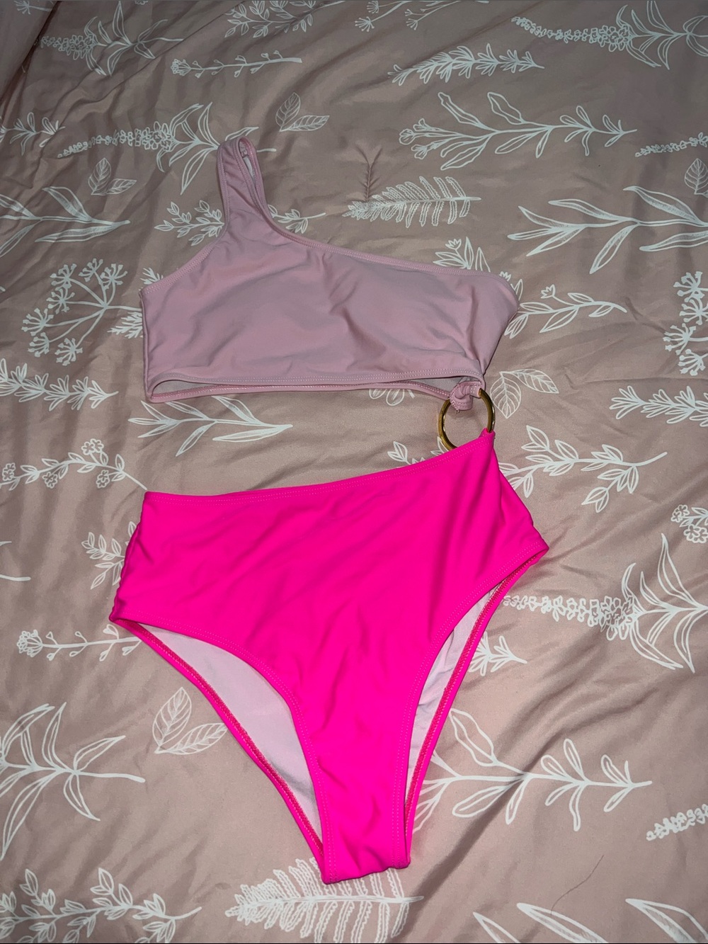 Two-Tone One-Shoulder Bikini with Ring Detail - Pink & Hot Pink